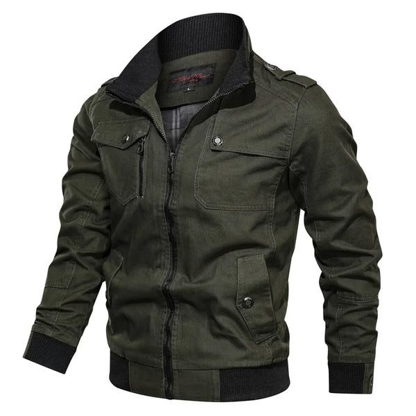 Men's Tactical Military Jacket in cotton windbreaker style, featuring cargo pockets, stand collar, and lightweight design for