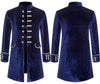 Elegant men's medieval-style trench coat in black, blue, and burgundy with single-breasted design and stand collar.