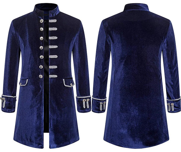 Elegant men's medieval-style trench coat in black, blue, and burgundy with single-breasted design and stand collar.