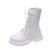 Chic white ankle boots with chunky heel, lace-up closure, and durable PU leather for stylish fall/winter outfits.