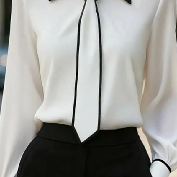 Elegant bow tie blouse for women, slim fit office shirt with turn-down collar, perfect for business attire and formal events.