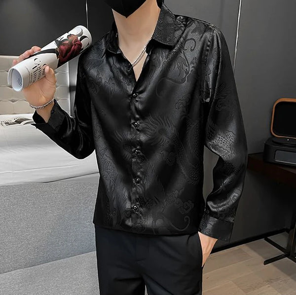 Men's luxury silk blend casual shirt in black with subtle graphic pattern, slim fit, perfect for spring and summer wear.