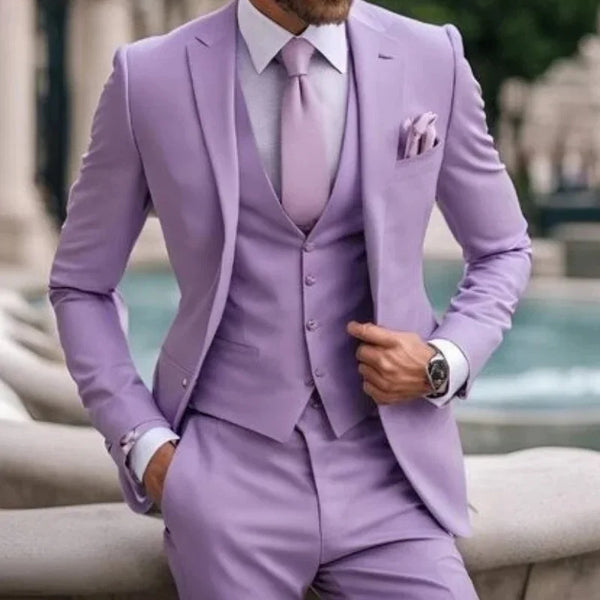 Elegant lilac men's 3-piece suit with single-breasted blazer, vest, and flat-front pants.