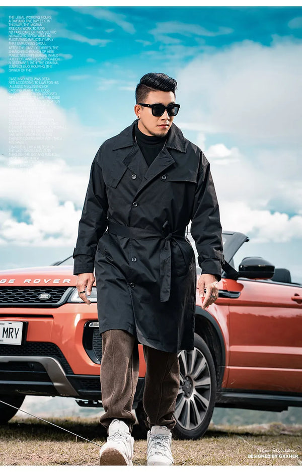 Men's casual trench coat in plus sizes, single-breasted, medium length, stylish outerwear for autumn and winter.