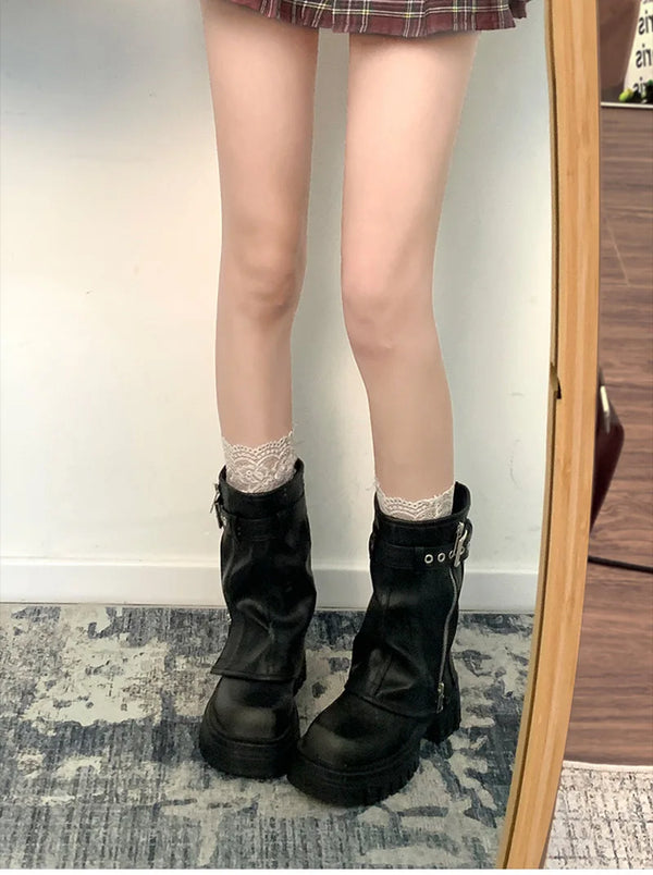 Chic women's mid-calf biker boots with buckle detail, cozy plush lining, and sturdy square heel for stylish comfort.