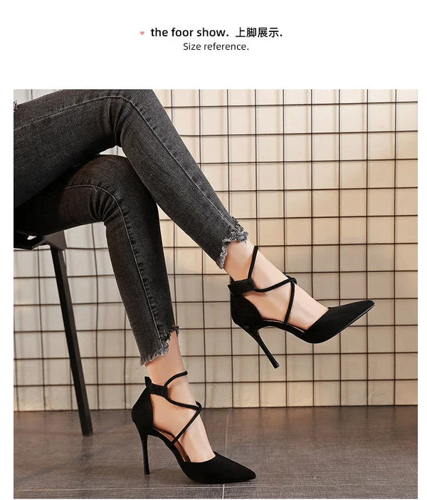 Stylish black suede stiletto heels, a must-have for fashion-forward women.