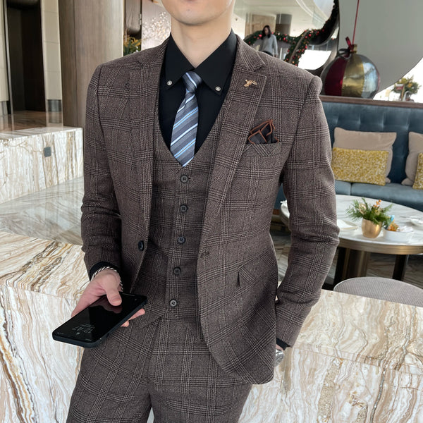 Model posing with hands in pockets, showcasing the suit's comfort.