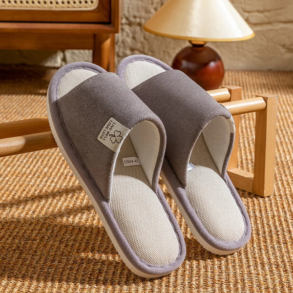 Flat heel design of barefoot-inspired linen slippers for natural comfort