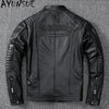 Men's slim fit leather motorcycle jacket in premium cow leather with stand collar and zip closure, perfect for spring and aut