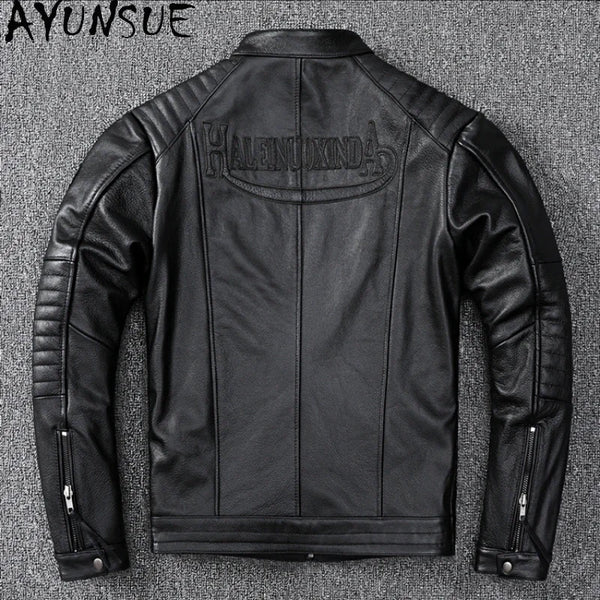 Men's slim fit leather motorcycle jacket in premium cow leather with stand collar and zip closure, perfect for spring and aut