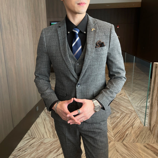 Close-up of the suit's collar and lapel, emphasizing its refined style.