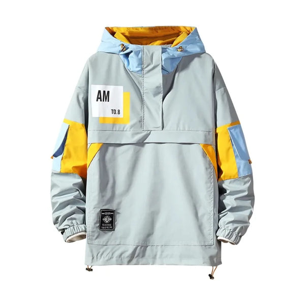 Men's hooded windbreaker jacket with color block design, lightweight polyester, zip-up front, perfect for casual wear.