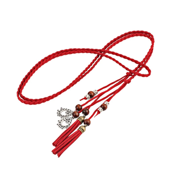 Bohemian braided faux leather skinny belt for women in camel, perfect for casual and formal outfits with fringe accents.