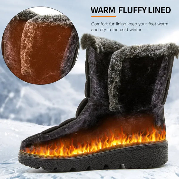 Chic women's waterproof winter boots with plush lining, low heel, and hook-and-loop closure for stylish cold weather comfort.