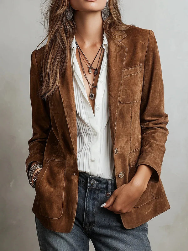Autumn Whisper suede blazer in rich brown with notched collar and leopard accents for a chic edge.