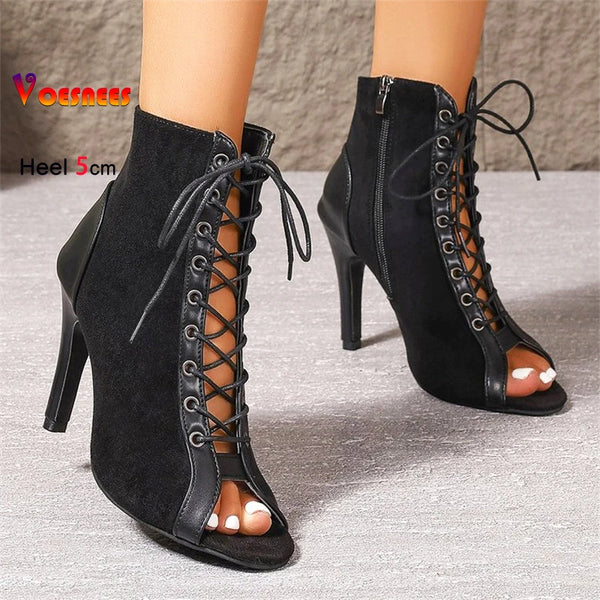 Stage-ready ankle boots featuring hollow-out details and super-high thin heels over 8cm