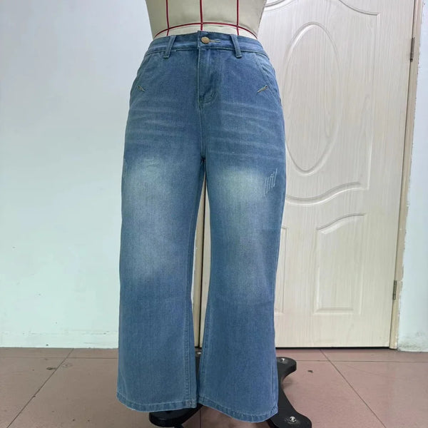 Chic wide leg denim jeans for women, vintage style, mid-rise fit, comfortable stretch, perfect for casual and trendy outfits.
