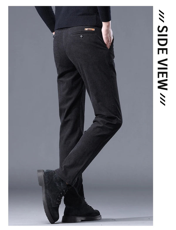 Men's winter pants with corduroy exterior and cozy fleece lining