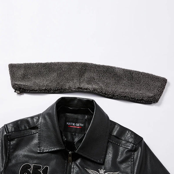 Men's Autumn/Winter Embroidered Leather Biker Jacket with detachable collar, cozy cotton lining, and classic aviator design.