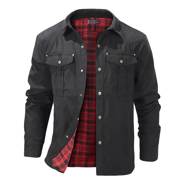 Men's Western Flannel-Lined Casual Jacket with metal buttons, multiple pockets, and soft flannel lining for warmth and style.