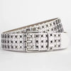 Unisex punk belt with square beads and triple grommets, perfect for edgy streetwear and versatile fashion styling.