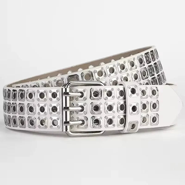 Unisex punk belt with square beads and triple grommets, perfect for edgy streetwear and versatile fashion styling.