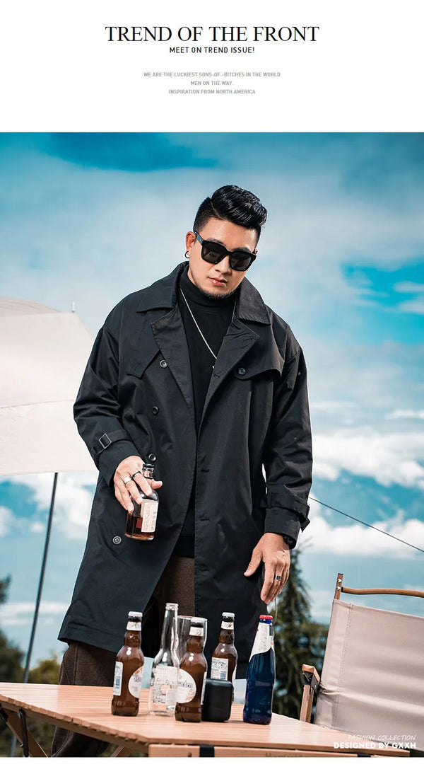 Men's casual trench coat in plus sizes, single-breasted, medium length, stand collar, stylish outerwear for autumn and winter