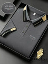 Sophisticated men's polo combining traditional horse embroidery with trendy color blocking