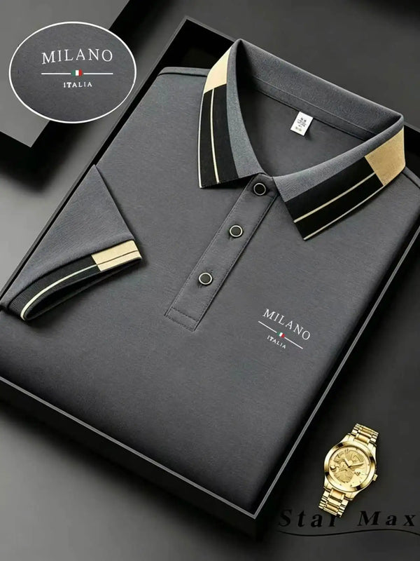 Sophisticated men's polo combining traditional horse embroidery with trendy color blocking