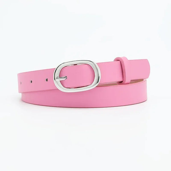 Chic round buckle women's belt in premium PU leather, stylish and versatile for jeans or dress outfits, 106 cm long.