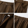 Detail of functional pockets and button fly closure on women's corduroy wide leg pants