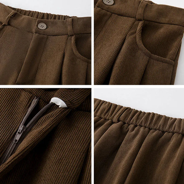 Detail of functional pockets and button fly closure on women's corduroy wide leg pants