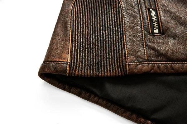 Premium men's leather biker jacket in rich brown with stand collar, crafted from durable first-layer calfskin leather.