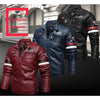 Stylish Men's PU Leather Biker Jacket in red, black, and dark blue with embroidery, perfect for winter and casual outings.