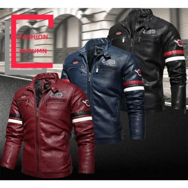 Stylish Men's PU Leather Biker Jacket in red, black, and dark blue with embroidery, perfect for winter and casual outings.