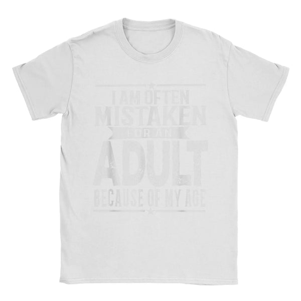 Men's humorous "Mistaken For An Adult" cotton tee with playful print, perfect for casual wear and everyday comfort.