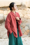 Regular length cotton linen coat showing elegant stand collar neckline detail