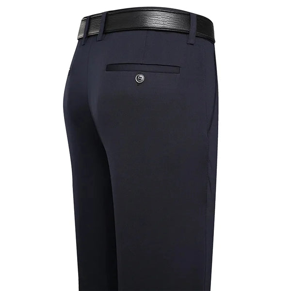 Slim-fit business casual dress pants for men in black and navy, perfect for office attire and formal occasions.