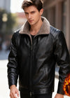 Stylish men's faux leather biker jacket with fleece lining in black.