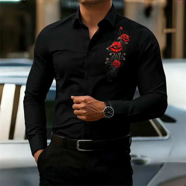 Red rose print casual top with comfortable stretch fabric and long sleeves