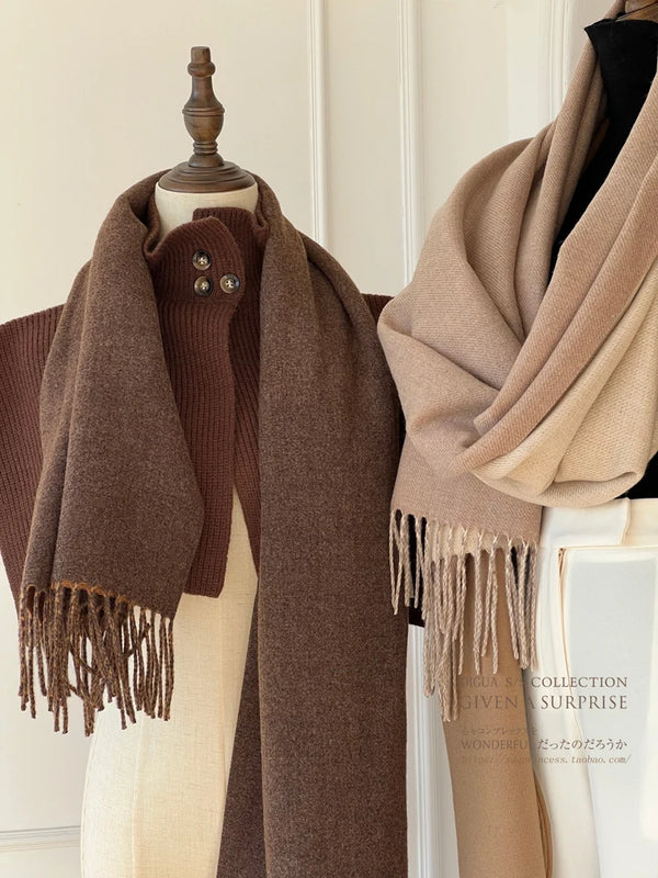 Large winter scarf in bright mustard yellow, perfect for a trendy winter look.