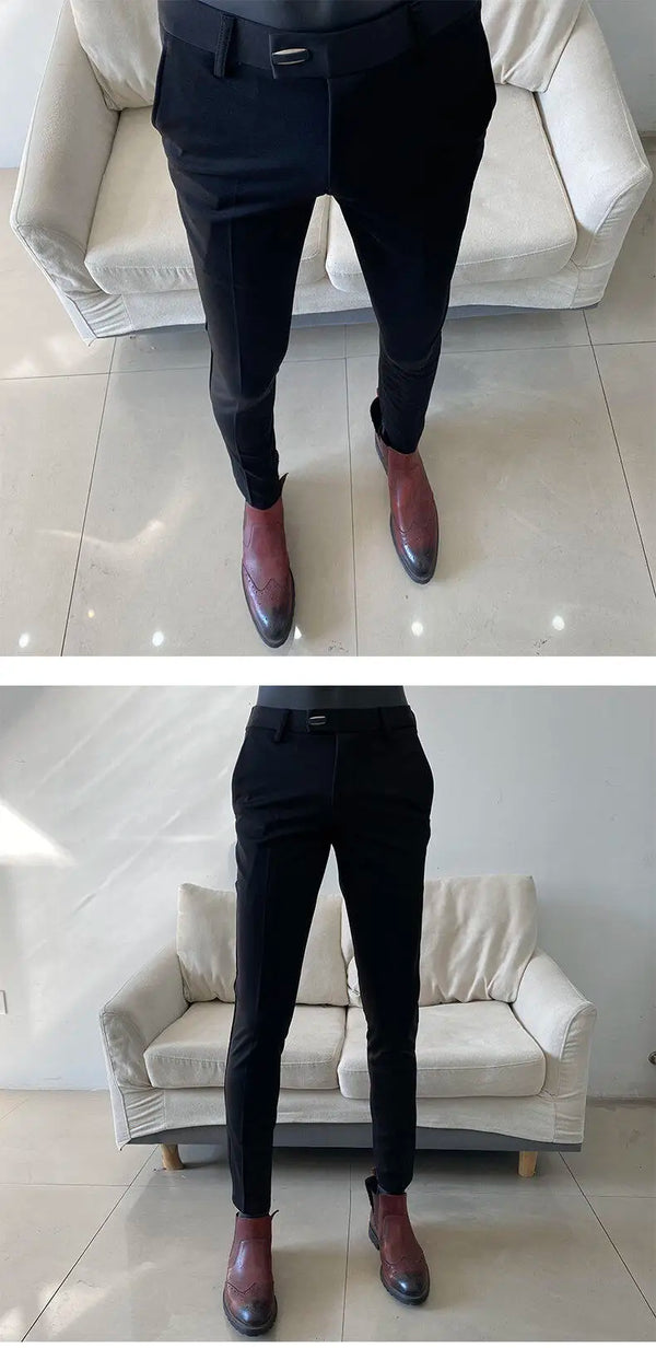 Elegant Men's Slim Fit Dress Pants in black and navy for formal events, crafted from premium polyester for style and comfort.