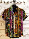 Men's casual short sleeve shirt featuring dimensional ethnic artwork and buttons
