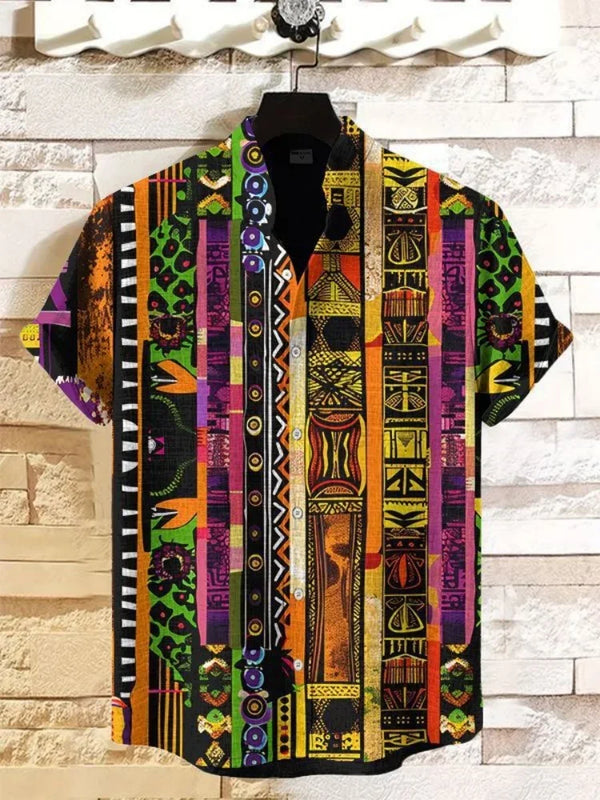 Men's casual short sleeve shirt featuring dimensional ethnic artwork and buttons