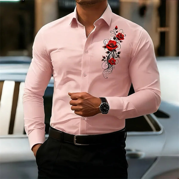 Long-sleeved polyester shirt with distinctive vintage red rose pattern