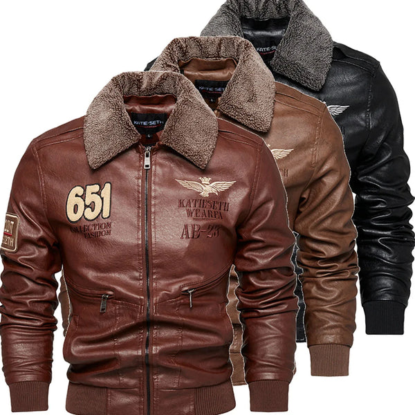 Men's Autumn/Winter Embroidered Leather Biker Jacket with detachable collar, cozy cotton lining, and classic aviator design.