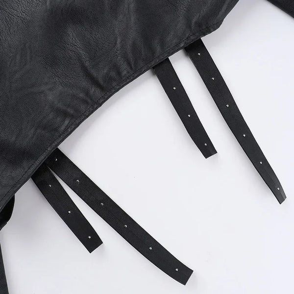Chic cropped faux leather biker jacket for women with rivet detailing and slim fit, perfect for edgy streetwear style.