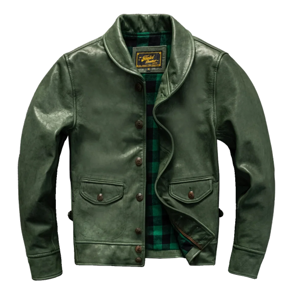 Men's slim fit sheepskin leather jacket in black with classic turn-down collar.