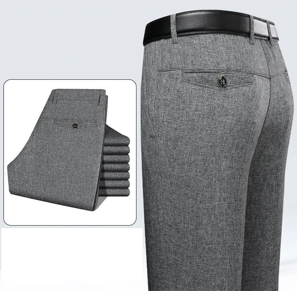 Classic Business Casual Men's Dress Pants in black and grey, featuring a straight-leg design and elastic waist for comfort.