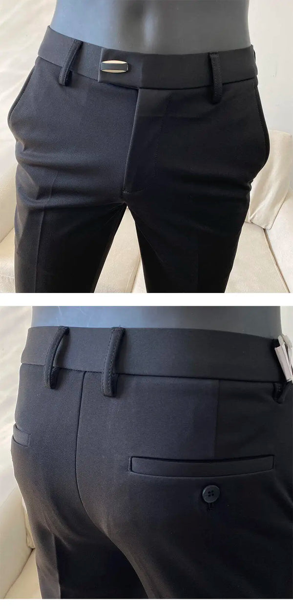 Elegant Men's Slim Fit Dress Pants in black and navy for formal events, crafted from premium polyester for style and comfort.